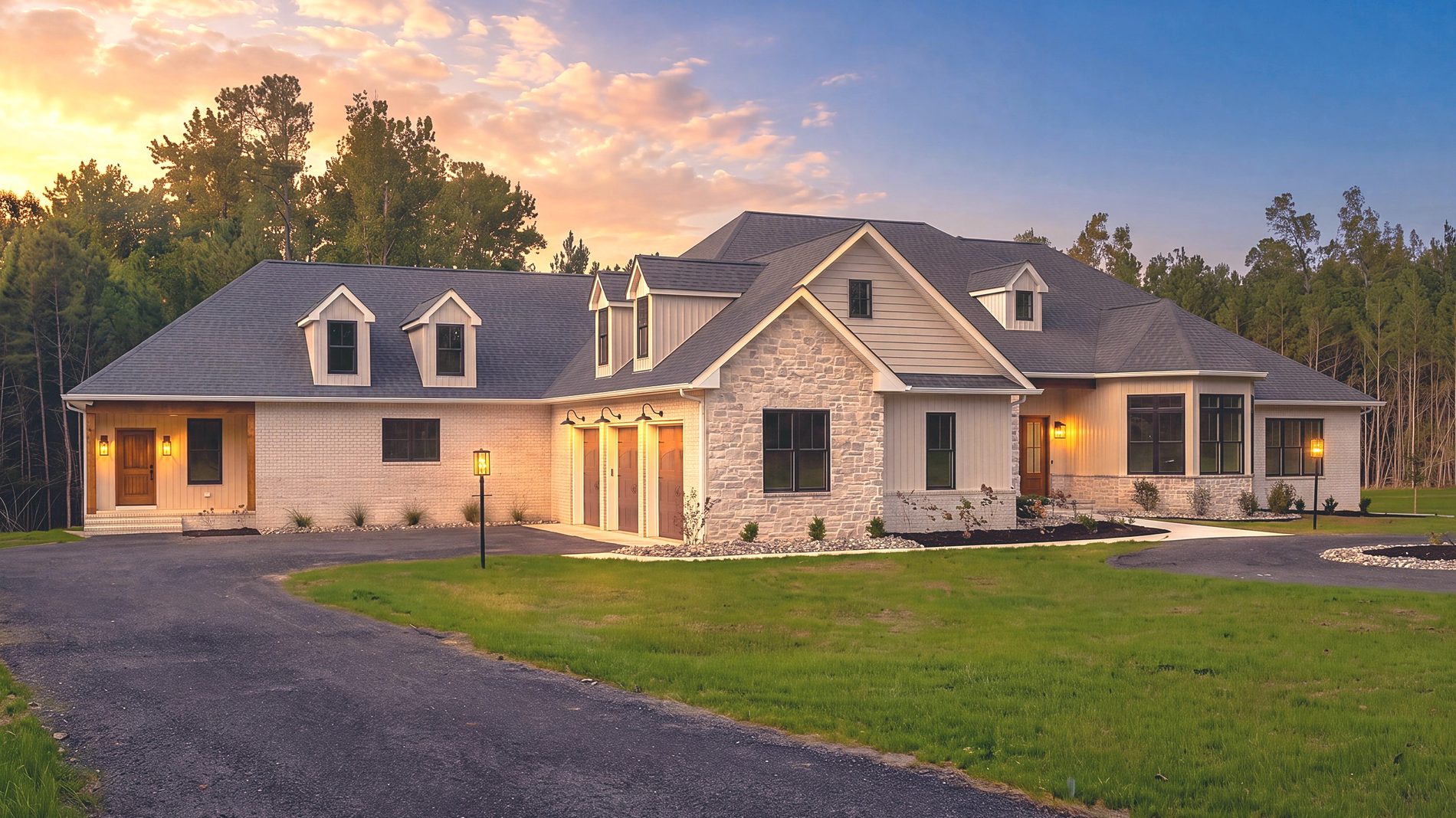 French Countryside custom home at golden hour showing the attached accessory dwelling