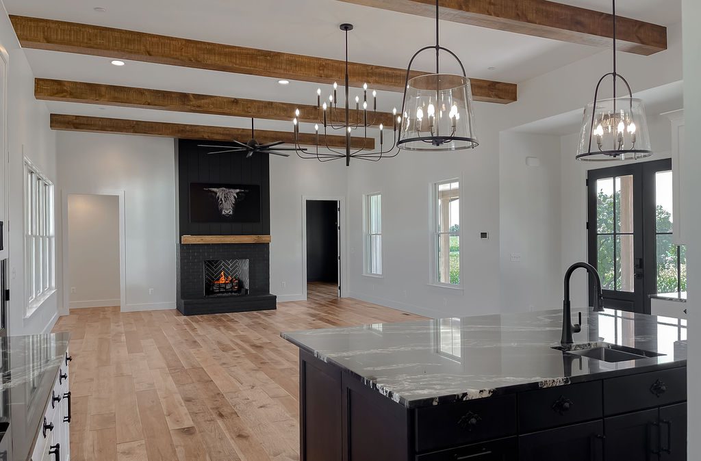 Great room fireplace at Mount Chance Farm custom farmhouse