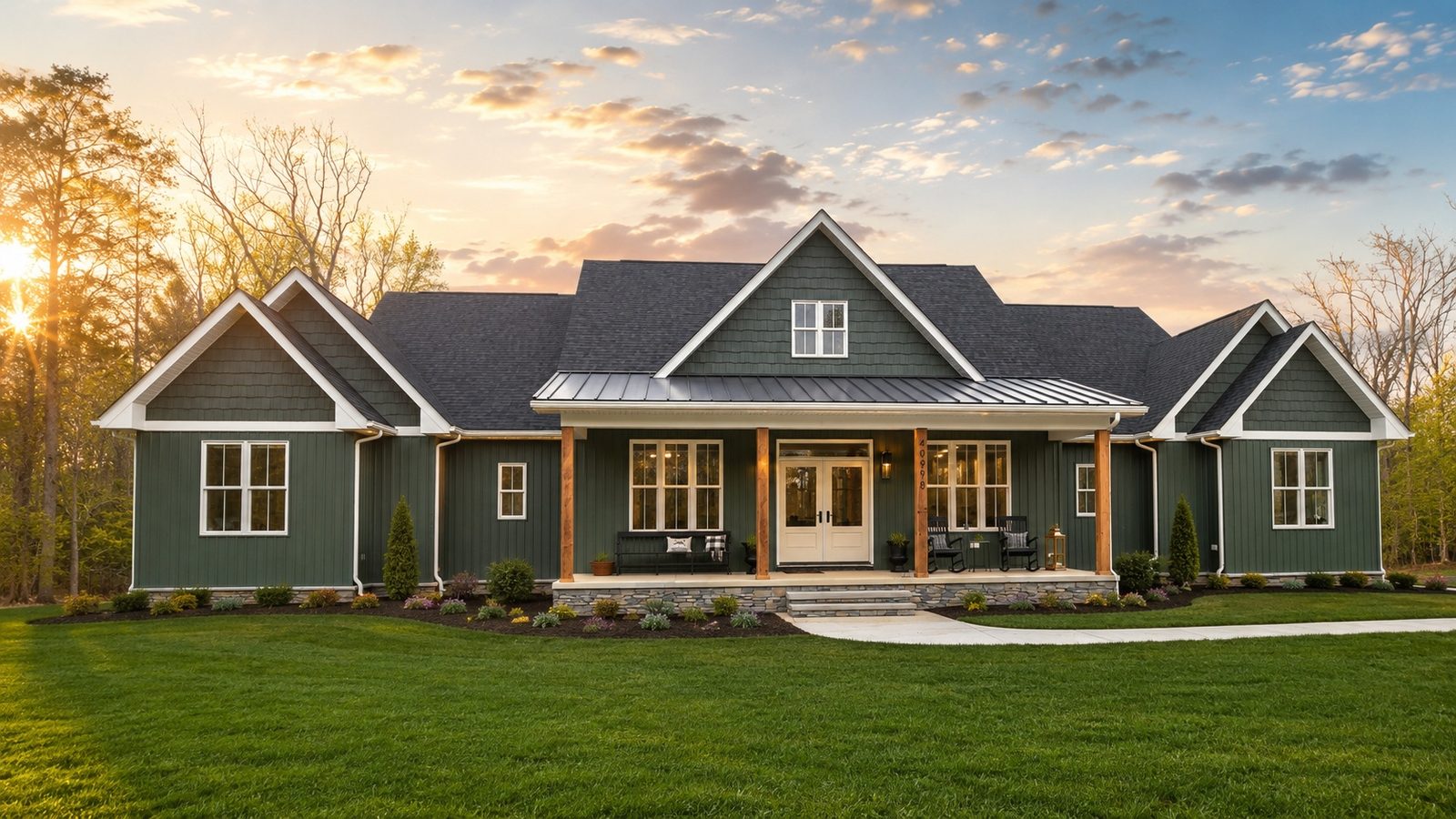 Oak Hill Farmhouse custom home exterior at golden hour, Southern Maryland